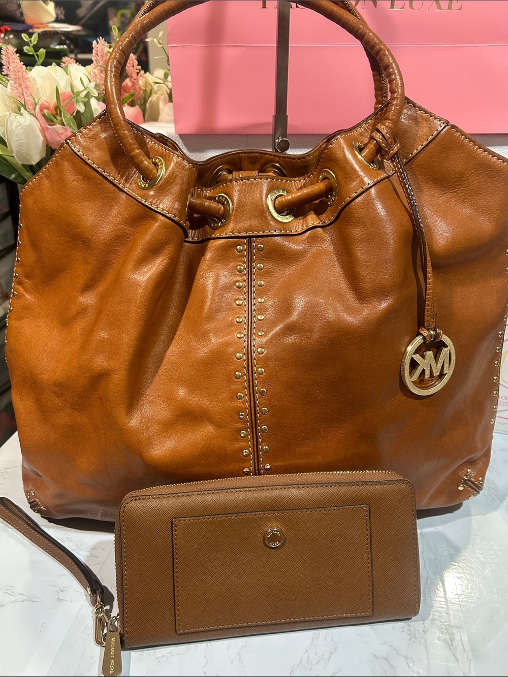 Michael Kors Astor Cognac Leather Drawstring Tote with MK Jet Set Long Wallet